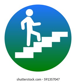 Man on Stairs going up. Vector. White icon in bluish circle on white background. Isolated.