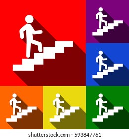 Man on Stairs going up. Vector. Set of icons with flat shadows at red, orange, yellow, green, blue and violet background.