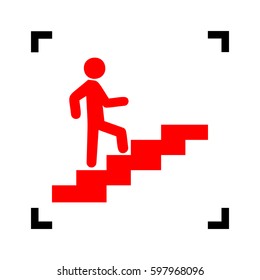 Man on Stairs going up. Vector. Red icon inside black focus corners on white background. Isolated.