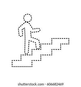 Man on Stairs going up. Vector. Black dashed icon on white background. Isolated.
