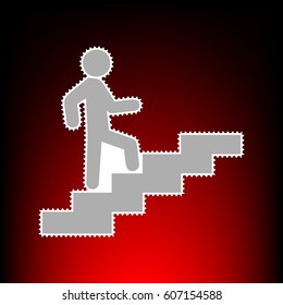 Man on Stairs going up. Postage stam or old photo style on red-black gradient background.