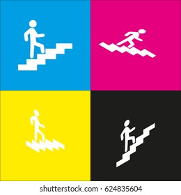 Man on Stairs going up. Vector. White icon with isometric projections on cyan, magenta, yellow and black backgrounds.