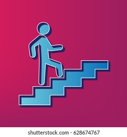 Man on Stairs going up. Vector. Blue 3d printed icon on magenta background.