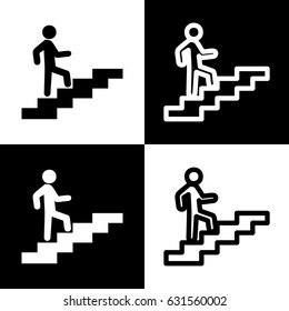 Man on Stairs going up. Vector. Black and white icons and line icon on chess board.