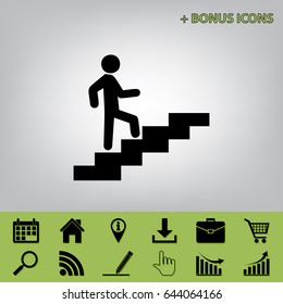 Man on Stairs going up. Vector. Black icon at gray background with bonus icons at celery ones