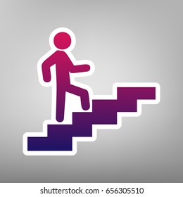 Man on Stairs going up. Vector. Purple gradient icon on white paper at gray background.