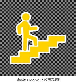 Man on Stairs going up. Vector. Yellow icon with white contour on dark transparent background.