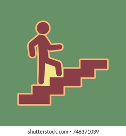 Man on Stairs going up. Vector. Cordovan icon and mellow apricot halo with light khaki filled space at russian green background.