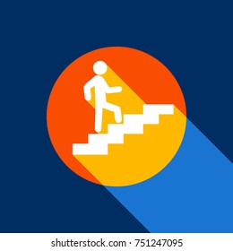 Man on Stairs going up. Vector. White icon on tangelo circle with infinite shadow of light at cool black background. Selective yellow and bright navy blue are produced.