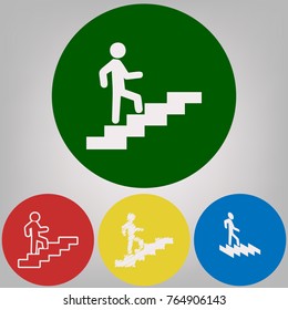 Man on Stairs going up. Vector. 4 white styles of icon at 4 colored circles on light gray background.