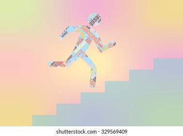Man on Stairs going up web icon or sign isolated on colorful mesh background. Collection modern trend concept design style vector illustration symbol. Man running up with crosswords shape. Word cloud/