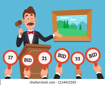 Man on stand leading auction hold gavel. People businessman character make bets on auctions bidding by raising bid paddles with numbers to buy a piece of art colorful vector flat concept illustration