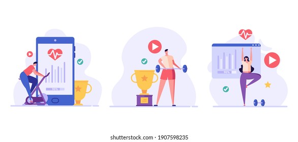 Man on a stationary bike, athlete with a barbell, woman doing yoga. Concept of online fitness, online gym, workout at home, video exercise, smart sports equipment. Vector illustration in flat design