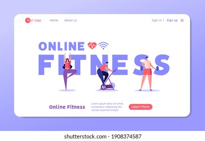 Man on a stationary bike, athlete with a barbell, woman doing yoga. Concept of online fitness, online gym, workout at home, video exercise, smart sports equipment. Vector illustration in flat design