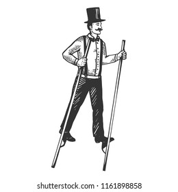 Man on stilts engraving vector illustration. Scratch board style imitation. Black and white hand drawn image.