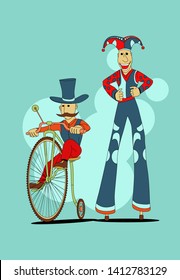 A man on stilts, a man on a vintage bike. Carnival, clowns in cartoon style