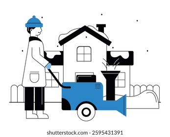 Man on the street cleaning snow using machine, winter season activity. Design character. Vector flat illustration