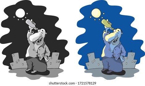 A man on the street with an empty bottle of alcohol looks at the moon. Vector illustrations in cartoon style.