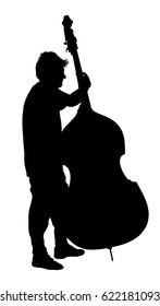 Man on street playing contra-bass vector silhouette. Music man with contrabass standing on the concert event. Double bass performer. Musician with string instrument on stage. Classic concert event.