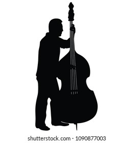 Man on street vector silhouette illustration playing contra-bass. Music man standing on the concert event. Contra bass artist. Classic music instrument event.