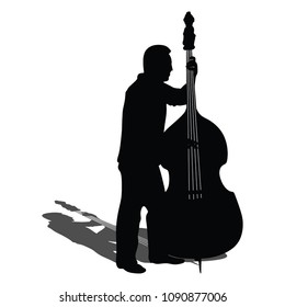 Man on street vector silhouette illustration playing contra-bass. Music man standing on the concert event. Contra bass artist. Classic music instrument event.