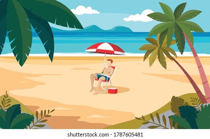 Man on summer vacation on deserted and paradise beach, having beer