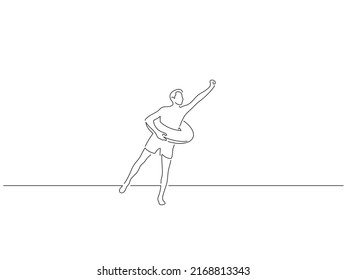 Man on summer vacation in line art drawing style. Composition of a person on holidays. Black linear sketch isolated on white background. Vector illustration design.