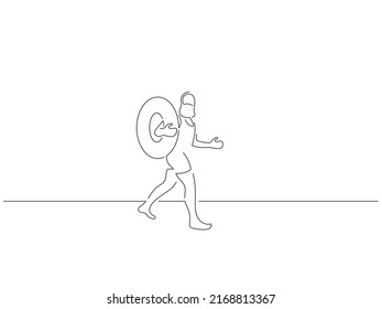 Man on summer vacation in line art drawing style. Composition of a person on holidays. Black linear sketch isolated on white background. Vector illustration design.