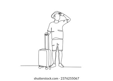 A man on summer vacation wears a hat and carries a suitcase. Staycation one-line drawing