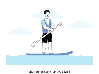 Hombre a bordo de la sopa. Joven remando. Persona en tabla de surf en el mar o el océano. Estilo de vida activo y deportes extremos. Viajes y turismo. Ilustración vectorial lineal aislada sobre fondo blanco