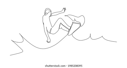 man on surf style wakeboard jumping over splashing wave - continuous one line drawing