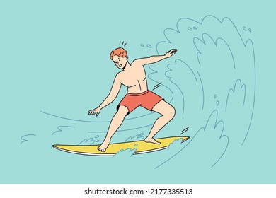 Man on surfboard enjoying summer activities on vacation. Male surfer sliding on ocean waves on holidays. Surfing and sometime sport. Vector illustration. 