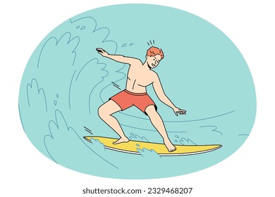 Man on surfboard enjoying summer activities on vacation. Male surfer sliding on ocean waves on holidays. Surfing and sometime sport. Vector illustration.