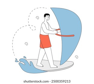 Man on surfboard. Young guy sailing on board with sail. Windsurfing in tropical countries. Active lifestyle and extreme sports. Linear vector illustration isolated on white background