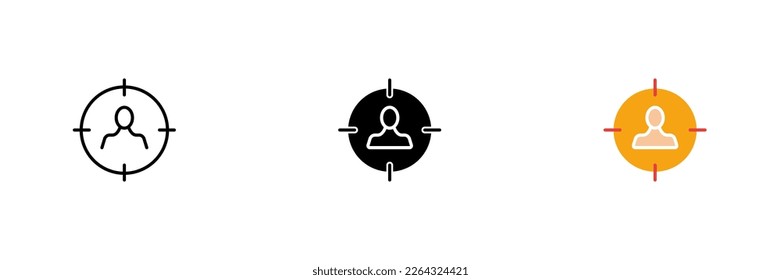 Man on target. Target audience, advertising, targeting, niche content, integration. Vector set of icons in line, black and colorful styles isolated on white background.