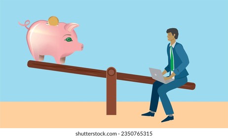 Man on teeter board, on the other side light weighting piggy bank. Economy. Dimension  16:9. Vector illustration.