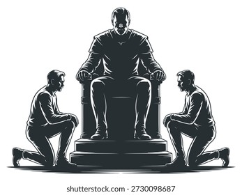 Man on throne with two men kneeling before him black and white silhouette king