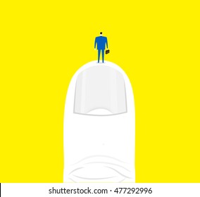 Man on thumb / A business man stands on the top of a thumb and stares at distance.