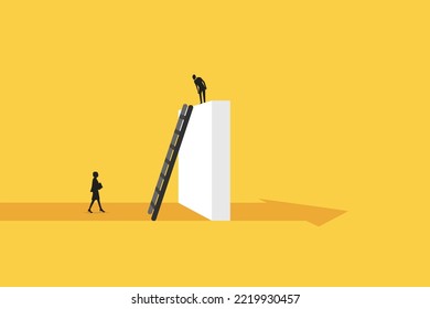 Man on top big wall and woman in bottom. Gender issues in business.