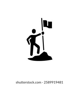 Man on the top. Flag. Success simple glyph icon. Vector solid isolated black illustration.