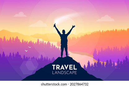 Man on top. Holding firecracker in his hand. Travel concept of discovering, exploring, and observing nature. Hiking tourism. Adventure. Minimalist graphic flyer. Polygonal flat design. Vector 