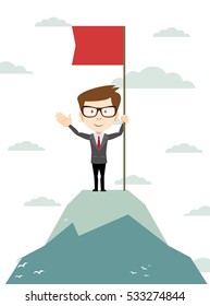 Man on the top holding flag. Stock vector illustration