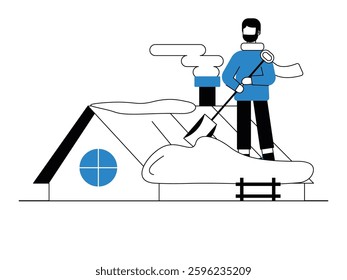 Man on top of house cleaning snow pile, winter storm. Design character. Vector flat illustration