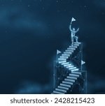 Man on the top of ladder. Digital success, succeed path, accomplish mission, digital transformation, career ladder growth, technology solutions, business development, future vision concept.