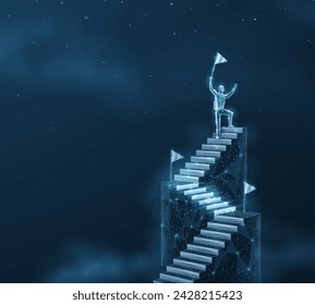 Man on the top of ladder. Digital success, succeed path, accomplish mission, digital transformation, career ladder growth, technology solutions, business development, future vision concept.