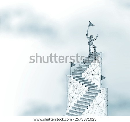 Man on the top of ladder. Digital success, succeed path, accomplish mission, digital transformation, career ladder growth, technology solutions, business development, future vision concept.