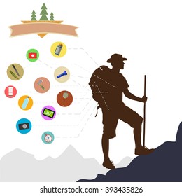 Man on top of mountain. Camping equipment.
