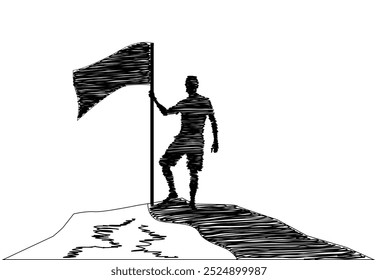 Man on Top of the Mountain with a Flag Scribble Sketch. Leadership in business and achieving goals concept vector art.