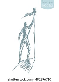 Man on top of a mountain with flag, winner concept, vector illustration, sketch