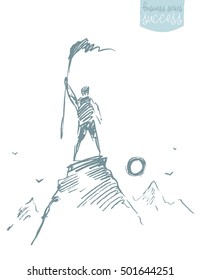 Man on top of a mountain with flag, winner concept, vector illustration, sketch